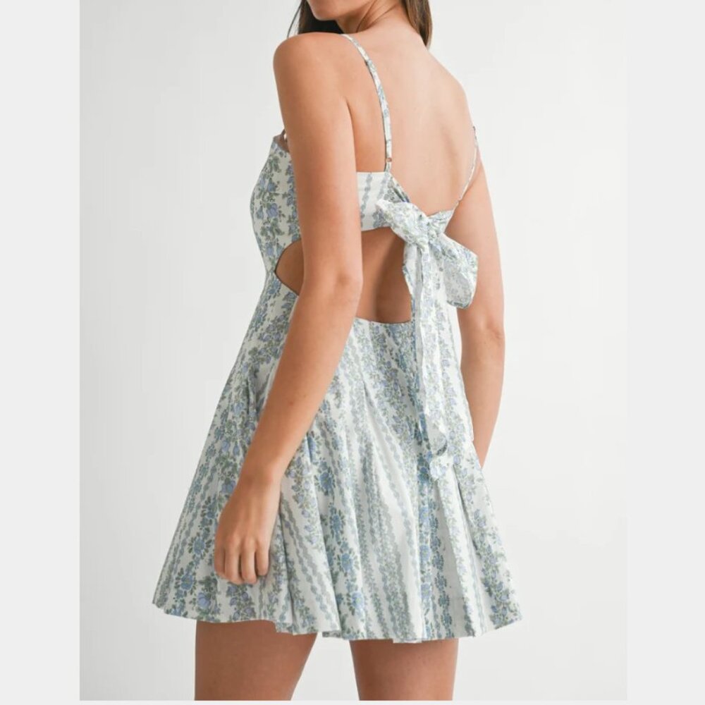 MABLE NOA  BABY BLUE MINI DRESS BACKLESS WITH A BOW SIZE MEDIUM